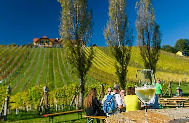 Pohár na víno v popredí s výhľadom na slnečnú vinársku krajinu a turistov v južnom Štajersku pri Bad Radkersburgu.