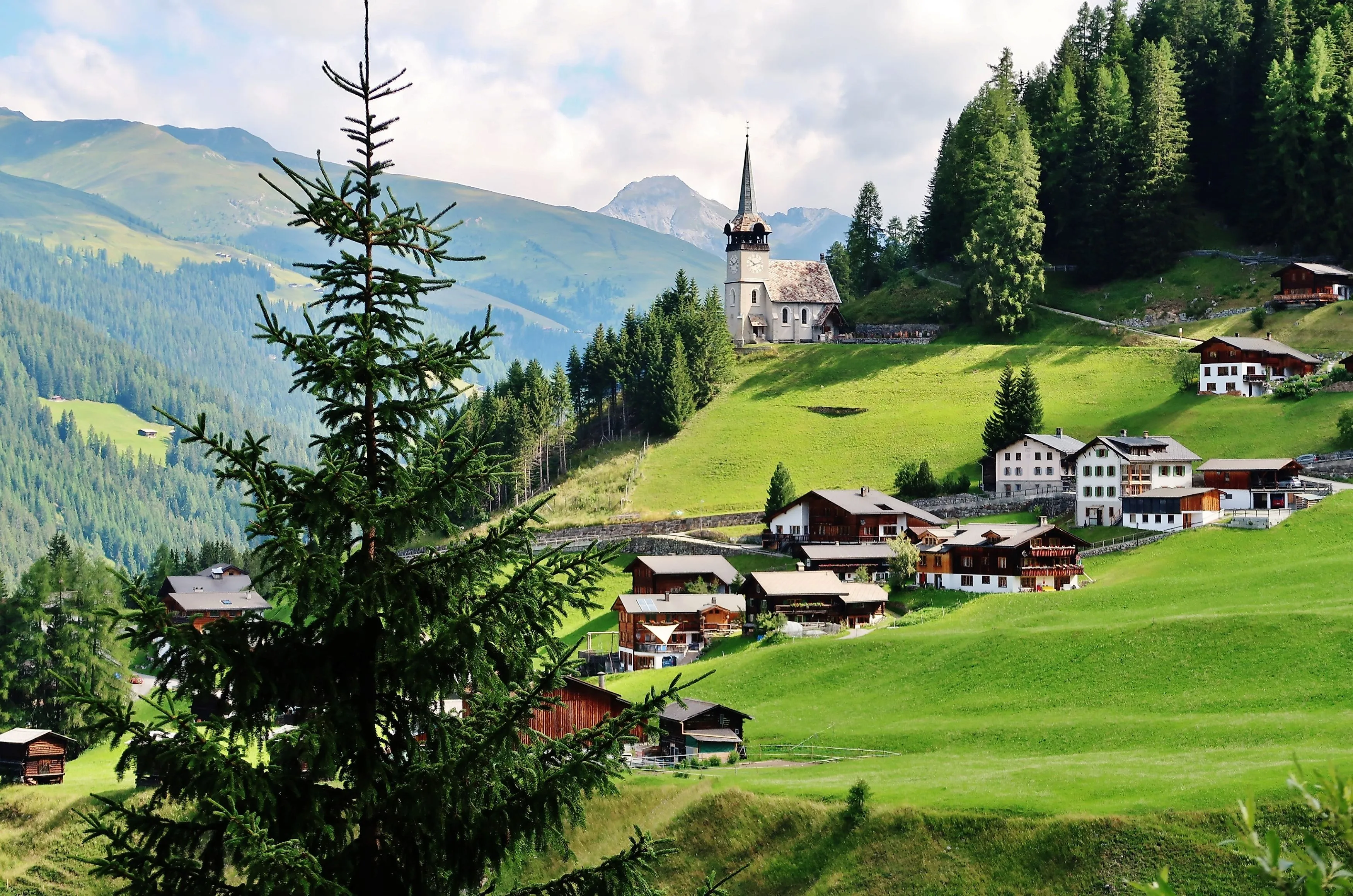 Dorf Davos Monstein mit Kirche und Holzhäusern in grüner Berglandschaft Graubündens
