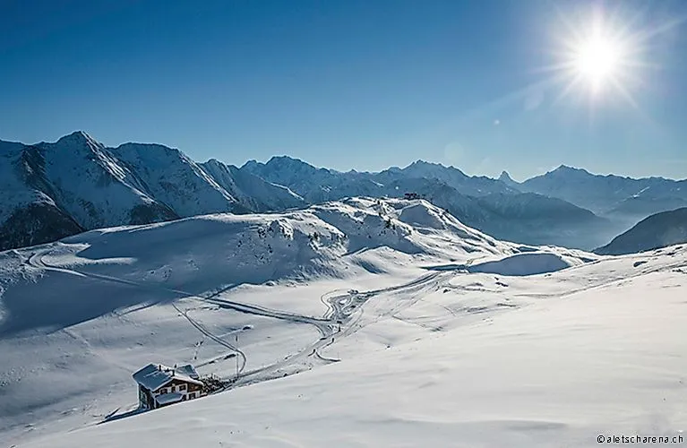 Winterpanorama auf der Fiescheralp mit Blick auf verschneite Hänge und die Berge der Aletscharena.