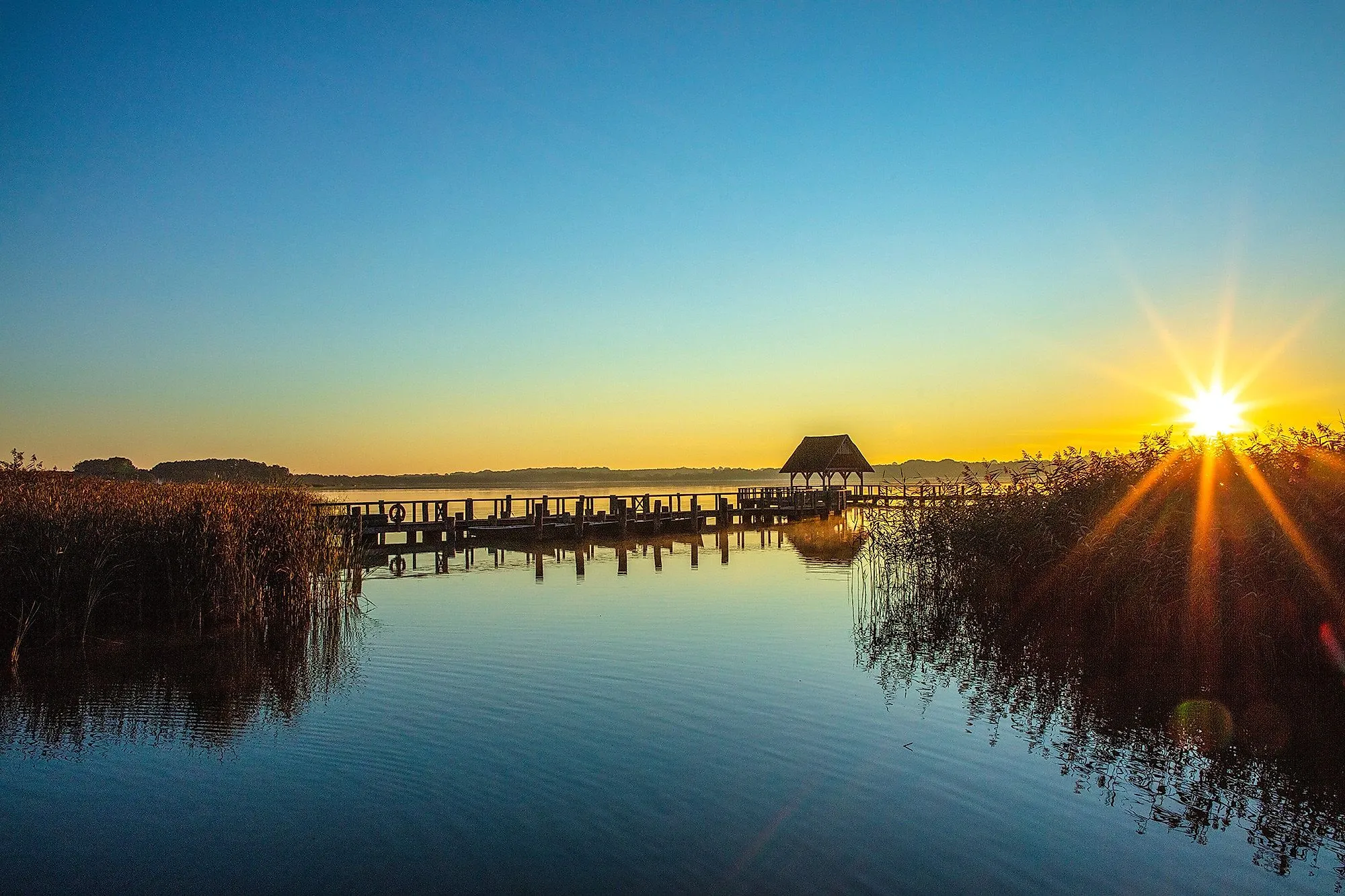 Sonnenuntergang am Hemmelsdorfer See mit Steg und Schilf im warmen Abendlicht.