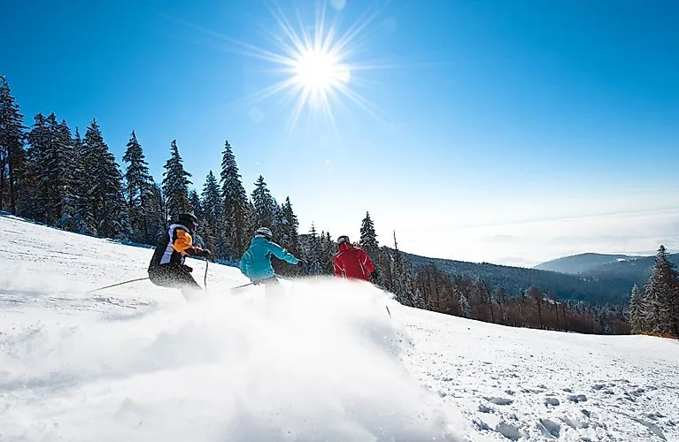 Eine Gruppe Skifahrer bei traumhaften Wetter im Skigebiet Hochficht