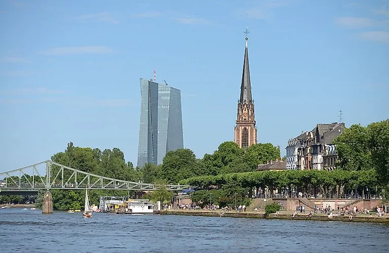 Blick auf den Eisernen Steg, das Mainufer und die Frankfurter Skyline mit der EZB und der Dreikönigskirche im Hintergrund.