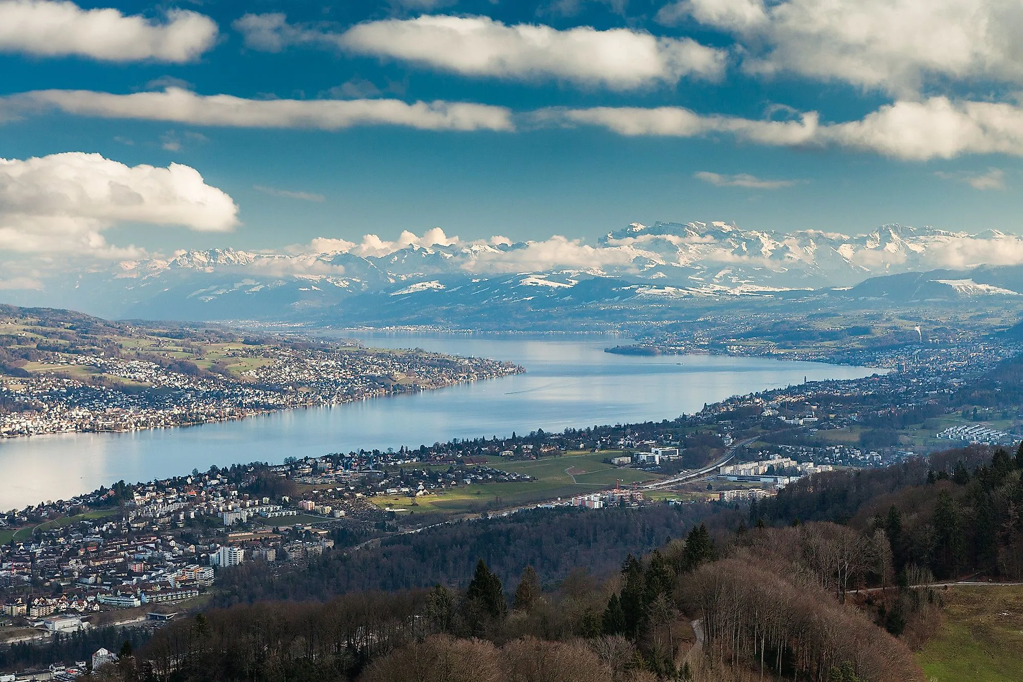 Weitblick auf den Zürichsee mit Uferorten und den verschneiten Alpen im Hintergrund an einem teils bewölkten Tag.