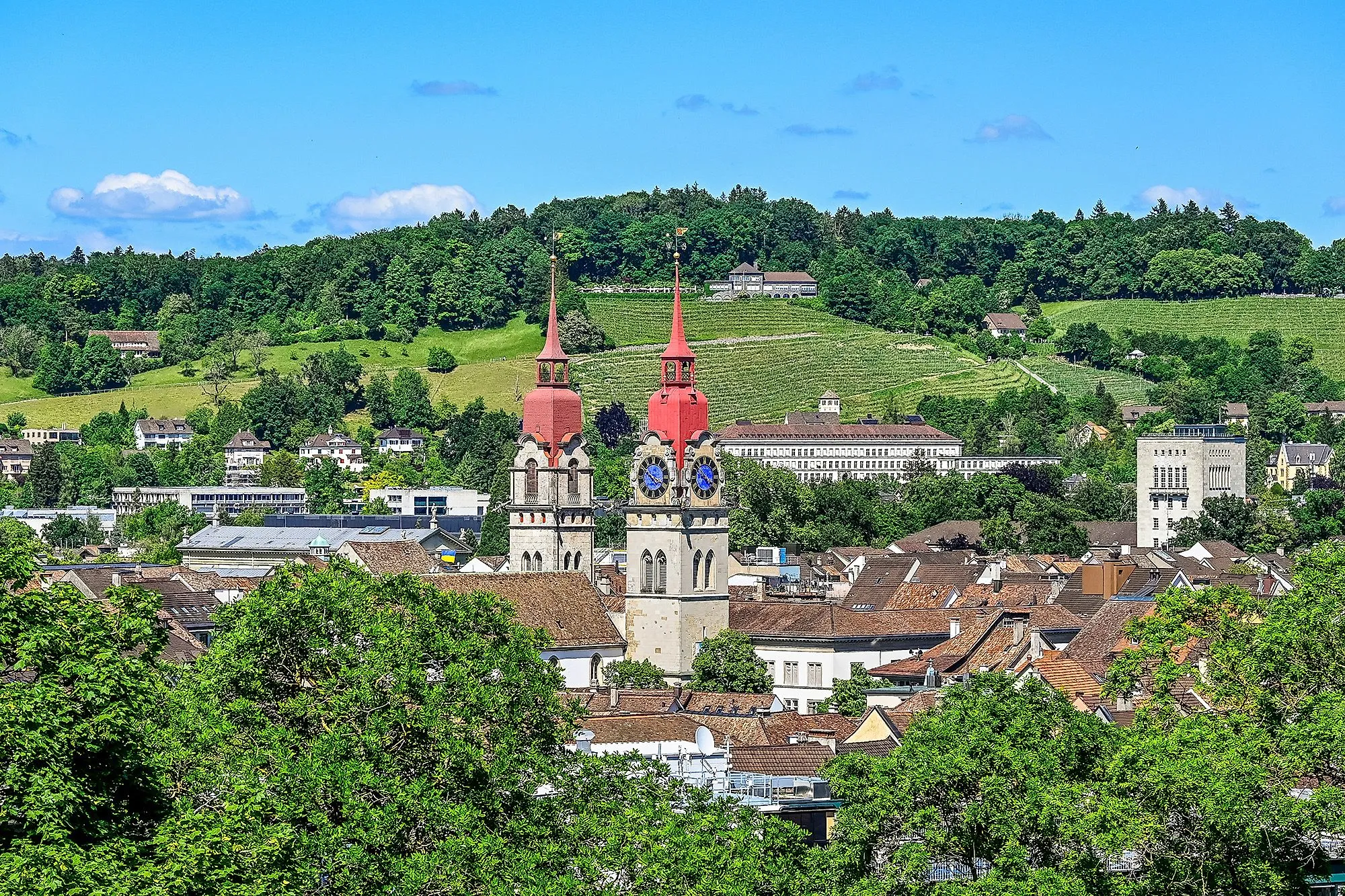 Blick auf Winterthur mit den markanten roten Türmen der Stadtkirche und der grünen Landschaft im Hintergrund