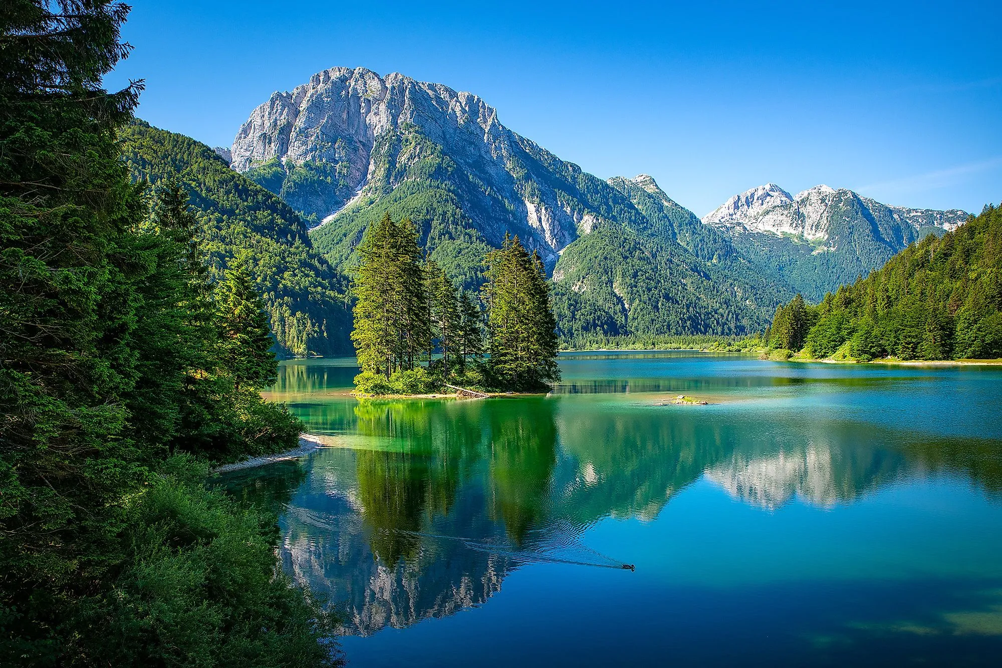 Türkiser Lago del Predil von Bergen umgeben, mit kleiner bewaldeter Insel in Friaul
