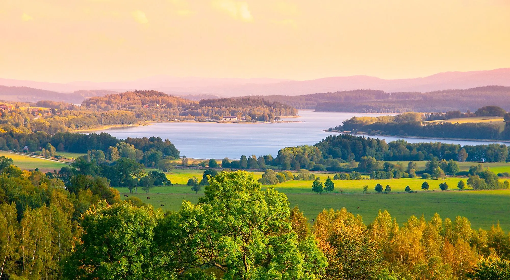 Blick auf Lipno-Stausee und Wälder des Böhmerwalds in der Abendsonne.