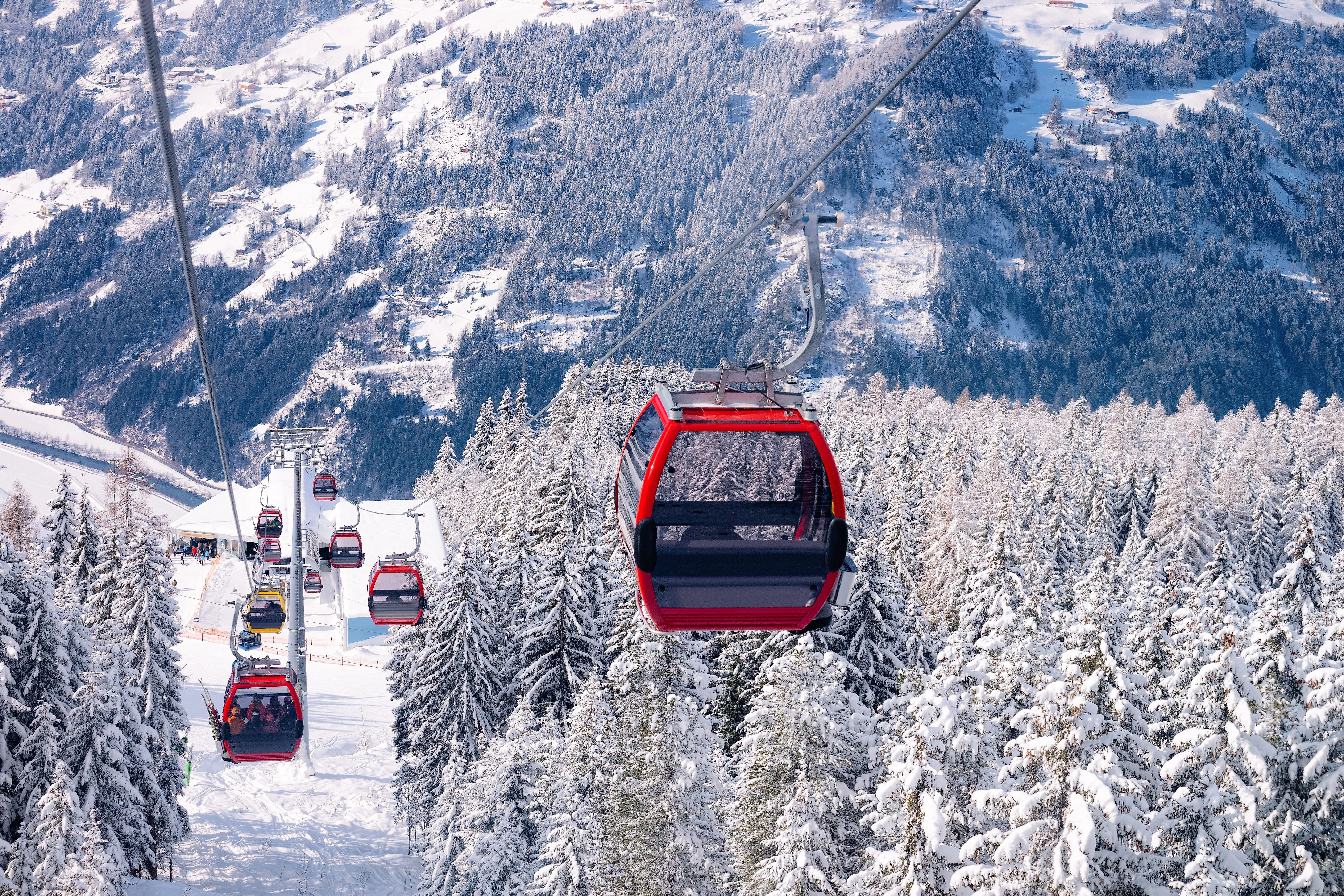 Rote Gondelbahn fährt durch verschneiten Nadelwald in Mayrhofen im Zillertal, Tirol.