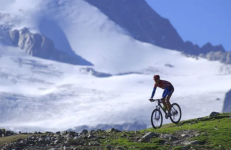 Mountainbiker auf alpiner Route mit Blick auf Gletscher in Fiesch-Aletsch an einem sonnigen Sommertag