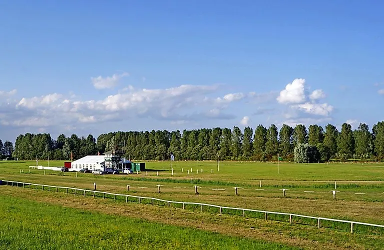 Begrünte Pferderennbahn in Hooksiel bei sonnigem Wetter mit Sicht auf Tribüne und umliegende Wiesen und Bäume