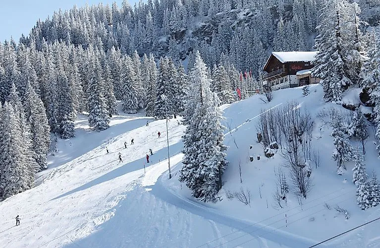 Skifahrer auf verschneiten Pisten im Schweizer Winterparadies Flumserberg