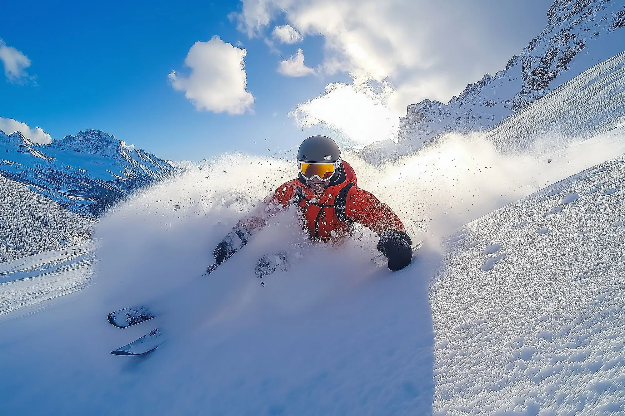 Actionreicher Moment eines Skifahrers in roter Jacke, der durch frischen Pulverschnee eine Abfahrt meistert, umgeben von schneebedeckten Bergen und Sonne.