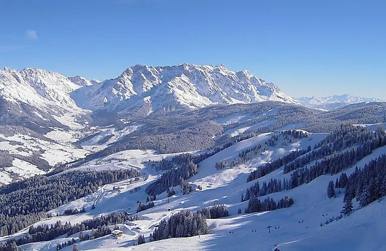 Verschneite Berglandschaft in Mühlbach am Hochkönig mit Blick auf Skipisten und Wälder