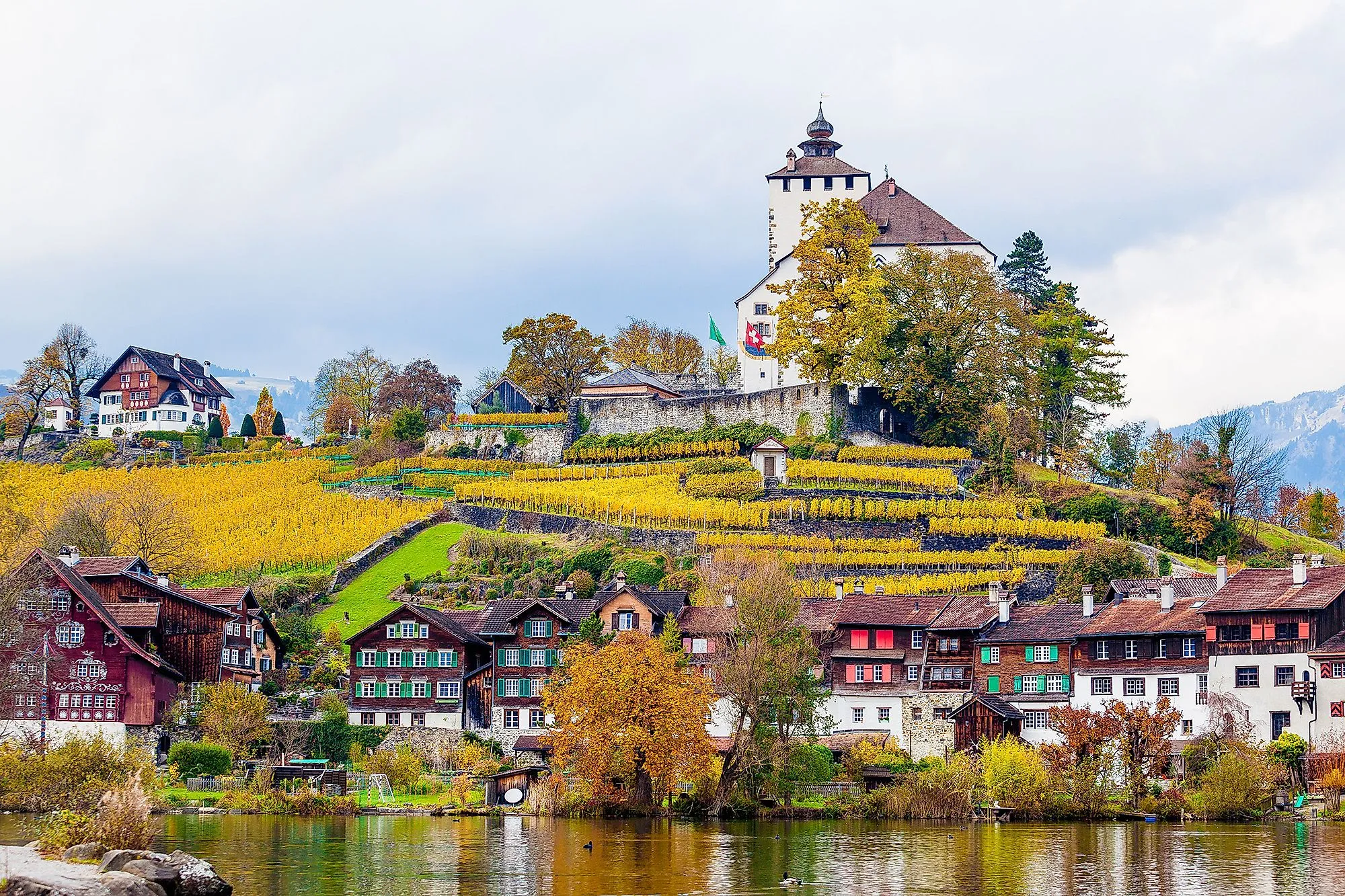 Blick auf Schloss Werdenberg mit Weinbergen und historischen Häusern in Buchs SG