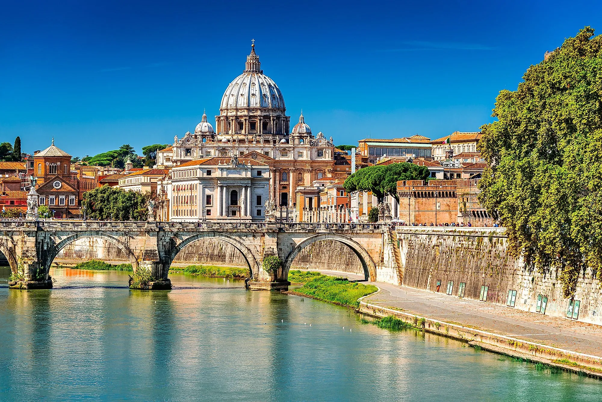 Petersdom im Vatikan mit Engelsbrücke über den Tiber in Rom