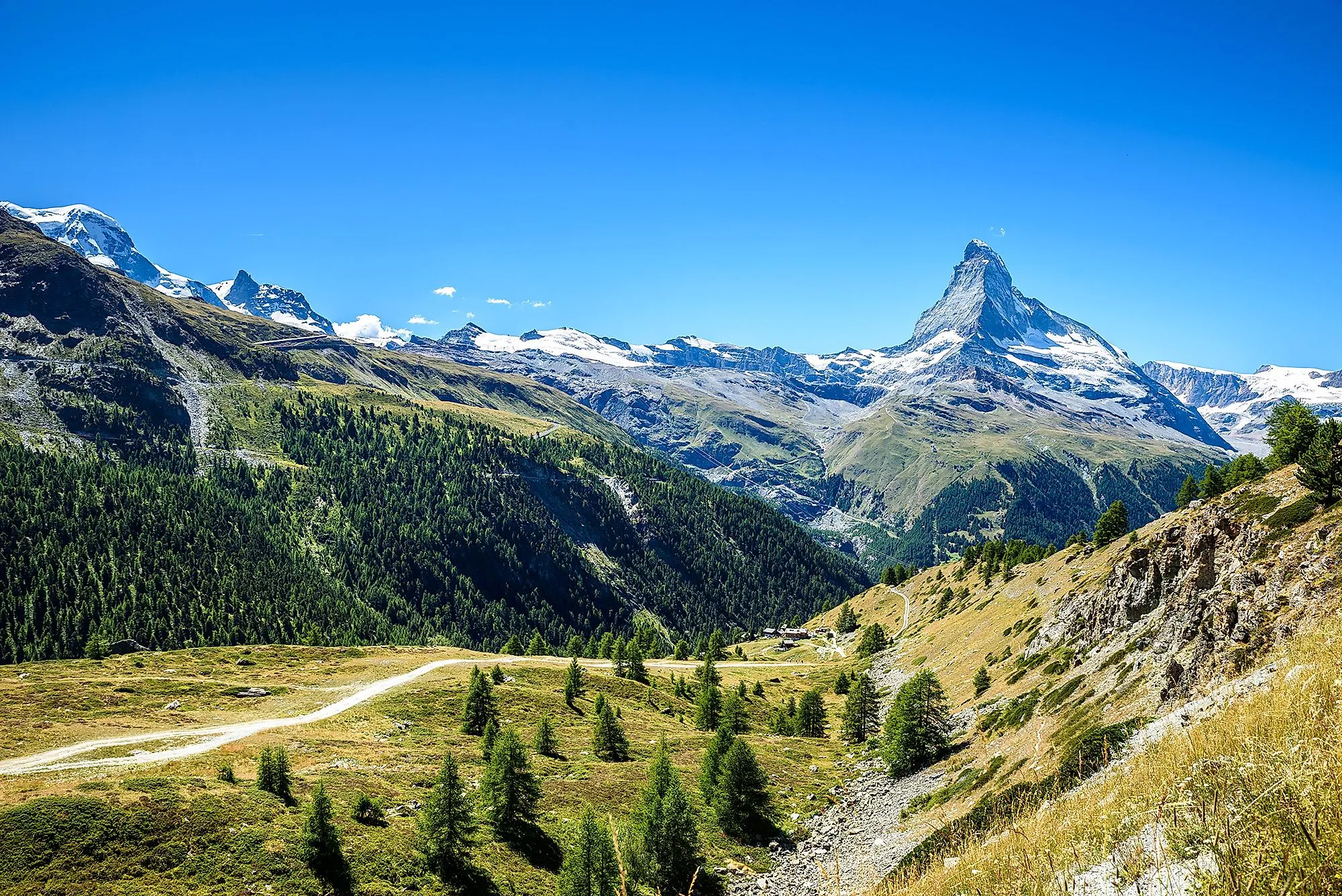 Blick auf das Matterhorn bei Zermatt, mit grünen Wäldern und Almen im Vordergrund und schneebedeckten Gipfeln im Hintergrund