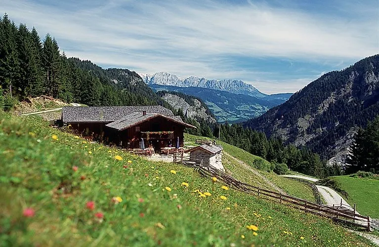 Aussicht auf eine Almhütte mit blühenden Wiesen und beeindruckendem Alpenpanorama bei Bad Hofgastein.