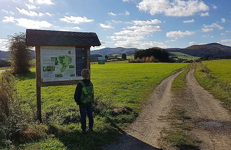 Niño con mochila mirando un panel informativo en una ruta de senderismo en la verde campiña de la bahía de Medebach.