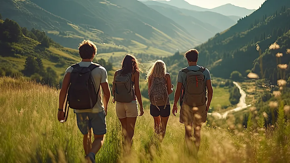 Vier Wanderer mit Rucksäcken auf Bergwanderung durch eine sonnige alpine Landschaft mit Tal und Bergen