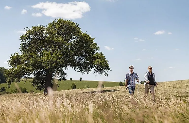 Zwei Wanderer bei einem Spaziergang durch die blühende Landschaft im Lieblichen Taubertal bei Bad Mergentheim.