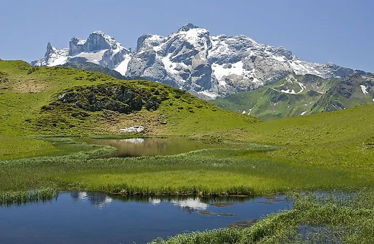 Alpine Sommerlandschaft mit See und schneebedeckten Bergen in Vorarlberg