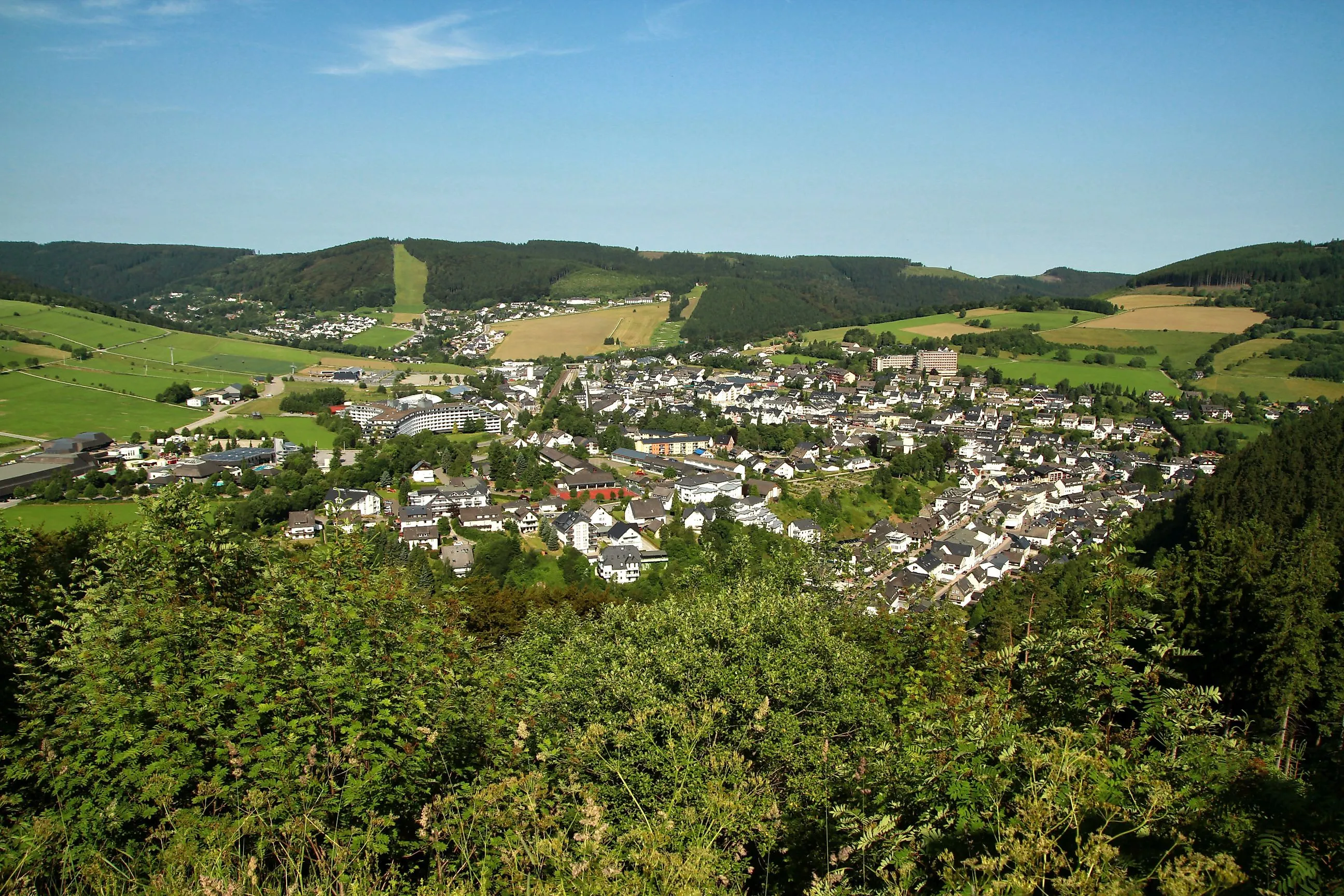 Panoramaaufnahme von Willingen im Sommer, aufgenommen vom Orenberg – mit Blick auf das grüne Upland und die typische Mittelgebirgslandschaft.