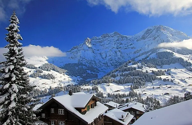 Lenk im Simmental mit verschneiten Chalets und Schweizer Alpen im Winter
