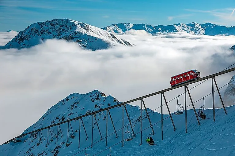 Standseilbahn in der verschneiten Axamer Lizum über den Wolken mit Bergblick