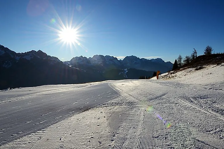 Paesaggio montano innevato con conifere in Val di Sole con vista sulle Alpi