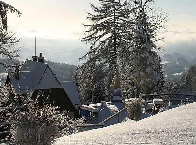 Zasnežená zimná krajina v Mönichkirchene s útulnými chatami, zasneženými stromami a ďalekým výhľadom do údolia.