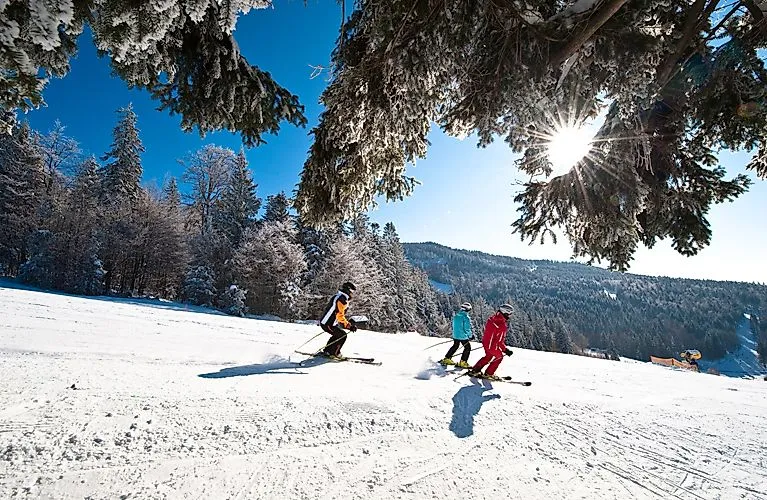 Skifahrer auf verschneiter Piste im Skigebiet Hochficht im Böhmerwald, Oberösterreich