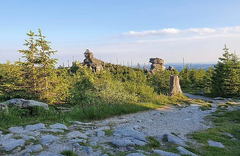 Wanderweg durch grüne Wälder mit Blick auf markante Granitformationen im Bayerischen Wald bei Neureichenau